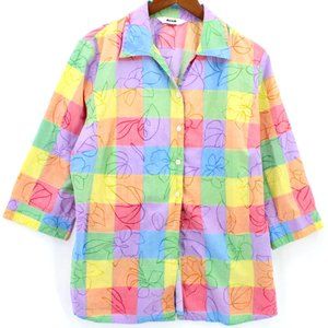 Vintage ALIA Shirt Womens Multicolor Plaid Button Down Cotton 3/4 Sleeve Sz 2XL